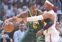 ?? USA Today Sports ?? Los Angeles Clippers forward Paul Pierce (34) guards Utah Jazz forward Joe Johnson (6) in the first half of game seven of the first round of the 2017 NBA Playoffs at Staples Center. —
