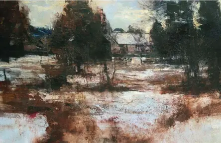  ??  ?? Stone Home, Spring City (Winter), oil on panel, 10 x 20”