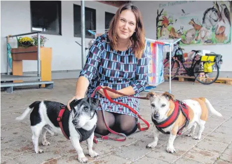  ?? FOTOS: ANNE JETHON ?? Anne Juhre mit den beiden Senioren Chip und Chap. Die Hunde suchen seit einem Jahr ein neues Zuhause.