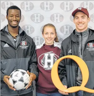 ?? SUBMITTED PHOTO ?? Ibra Sanoh, left, Katherine Drake and James Mallard are among the Holland College athletes who will be taking part in the first ever Holiday Pancake Breakfast on Dec. 2 to raise funds for the QEH Foundation. All three play soccer at Holland College.