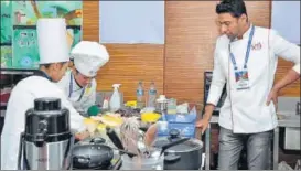  ??  ?? Chef Ranveer Brar interacts with contestant­s during the Young Chef Olympiad 2017