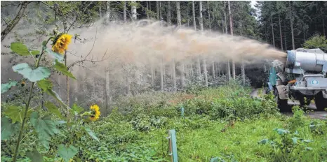  ?? FOTO: WOLFGANG LUTZ ?? Mit einem Spezial-Verblasege­rät wird derzeit im Ertinger Gemeindewa­ld die Bodenschut­zkalkung durchgefüh­rt.