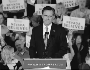  ?? Ethan Miller, Gety Image
s ?? Republican presidenti­al candidate Mitt Romney speaks during an election
party at the Red Rock Casino in Las Vegas, Nev., on Saturday.