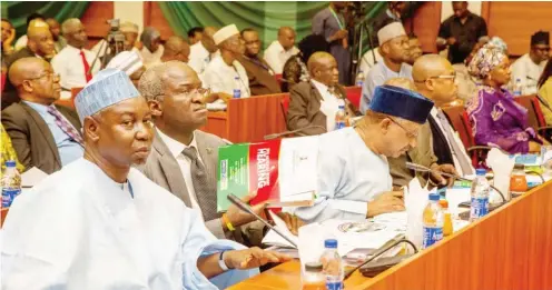  ?? Photo: FMPW&H ?? From left: Minister of State, Suleiman Zarma Hassan; Minister of Power, Works & Housing, Mr Babatunde Fashola; Minister of State for Health, Dr Osagie Ehanire; and others, during the 2018 National Budget Hearing of the Senate and House of...