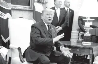  ?? Evan Vucci / Associated Press ?? President Donald Trump speaks during a meeting with Italian President Sergio Mattarella in the Oval Office of the White House.