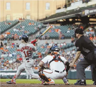  ?? AP PHOTO ?? DEEP IMPACT: Andrew Benintendi connects for a solo home run during the third inning of the Red Sox' 6-4 victory against the Orioles last night in Baltimore.