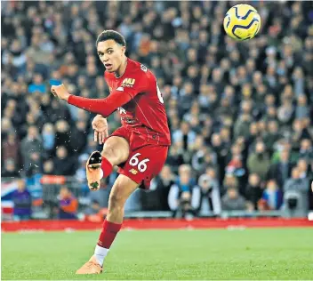  ??  ?? Forward threat: Trent Alexandera­rnold’s attacking ability could hurt Manchester City at Anfield tomorrow