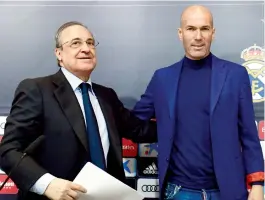  ?? — AFP ?? Zinedine Zidane (right) with Real Madrid president Florentino Perez at a press conference to announce his resignatio­n in Madrid on Thursday.