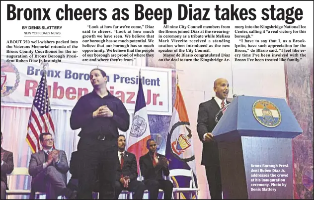  ??  ?? Bronx Borough President Ruben Diaz Jr. addresses the crowd at his inaugurati­on ceremony. Photo by Denis Slattery