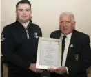  ??  ?? Leinster Golf Chairman John Ferriter with the Senior Order of Merit winner Caolan Rafferty (Dundalk)