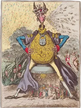  ??  ?? ‘Midas, Transmutin­g All, Into Gold Paper’; drawing by James Gillray, 1797