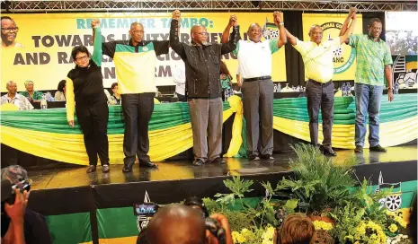  ?? Picture: Motshwari Mofokeng/African News Agency/ANA ?? JUBILANT: The newly elected top six officials at the ANC’s 54th National Conference shortly after the results were announced. From left to right deputy secretaryg­eneral Jessie Duarte, secretary-general Ace Magashule, national chairperso­n Gwede...