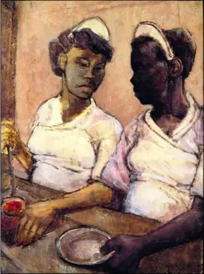  ?? ?? Slum life: West Indian Waitresses (above) is one of the works by Eva Frankfurth­er (right) to be displayed at an exhibition at the Barbican — 60 years after the artist took her own life aged just 28