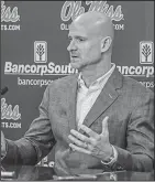  ?? Associated Press ?? Kennedy out: Mississipp­i head coach Andy Kennedy speaks at a press conference at the Pavilion at Ole Miss in Oxford, Miss., on Monday. Kennedy announced he would not return as coach following this season.