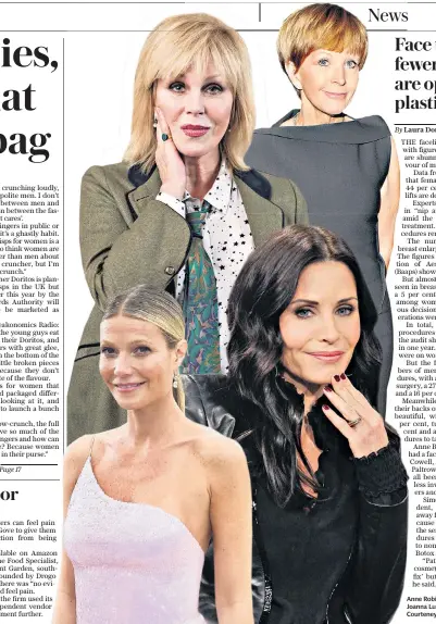  ??  ?? Anne Robinson had a facelift, while Joanna Lumley, Gwyneth Paltrow and Courteney Cox had fillers