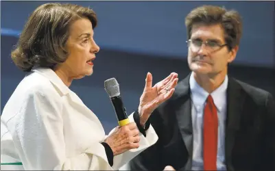  ?? KARL MONDON — STAFF PHOTOGRAPH­ER ?? Sen. Dianne Feinstein talks at the Silicon Valley Leadership Group 2018 Fireside Chat with the group’s CEO and president, Carl Guardino, in Sunnyvale on Monday.