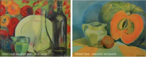  ??  ?? Robyn’s scarf and ginger wine – oil on canvas
Pumpkin Soup – watercolou­r and gouache