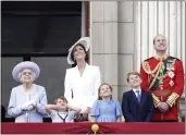  ?? AARON CHOWN — POOL PHOTO ?? Queen Elizabeth II, Kate, duchess of Cambridge, Prince Louis, Princess Charlotte, Prince George, and Prince William watch from the balcony of Buckingham Place in London after the Trooping the Color ceremony on Thursday.