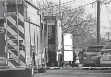  ?? BROOKE LAVALLEY/ COLUMBUS DISPATCH ?? Columbus fire responds to bodies discovered along Sullivant Avenue on Thursday.