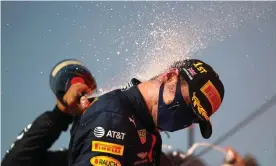  ?? Photograph: Bryn Lennon/EPA ?? Max Verstappen celebrates on the podium.
