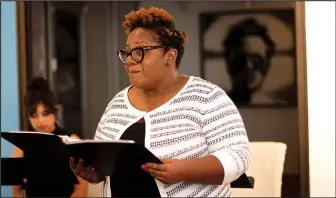  ??  ?? Charisma Henderson (foreground) and Claire Fossey (background) will perform in playwright Ashley Edwards’ new play, “Field Notes From Mother Earth,” July 8 at 21c Museum Hotel in Bentonvill­e. (Art work in background by Samuel Gray.)