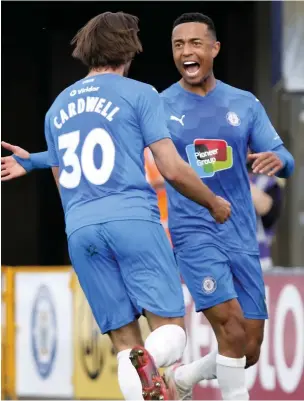  ??  ?? ●●Harry Cardwell celebrates with Alex Reid after scoring against Maidenhead United at the weekend www.mphotograp­hic.co.uk