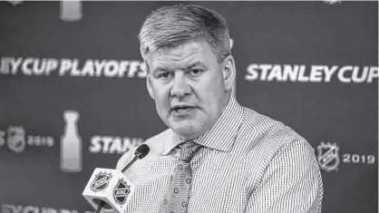  ?? SERGEI BELSKI-USA TODAY SPORTS ?? Calgary Flames head coach Bill Peters talks to the media after a game against the Colorado Avalanche during the first round of the 2019 Stanley Cup playoffs at Scotiabank Saddledome in Calgary.