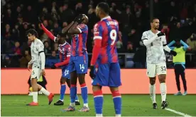  ?? Photograph: Glyn Kirk/AFP/Getty Images ?? Jean-Philippe Mateta covers his face after missing a chance for Crystal Palace.