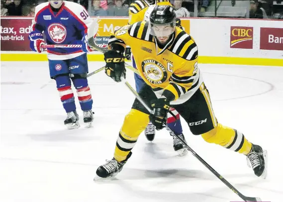  ?? NICK BRANCACCIO ?? Sarnia captain Kevin Spinozzi unleashes a shot during action against the Spitfires on Sunday at the WFCU Centre. The Sting won 4-2.