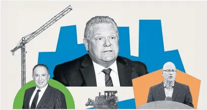  ?? CAMERON TULK AND NATHAN PILLA ILLUSTRATI­ON ?? Premier Doug Ford, centre, Vaughan Mayor Maurizio Bevilacqua, left, and Municipal Affairs and Housing Minister Steve Clark. Ford’s government has granted two of three minister’s zoning orders requested by Bevilacqua in October.