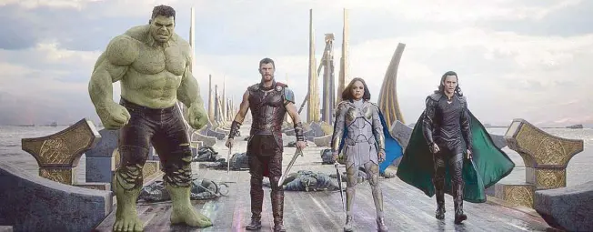  ??  ?? Hulk (Mark Ru alo), Thor (Chris Hemsworth), Valkyrie (Tessa Thompson) and Loki (Tom Hiddleston) team up in Thor: Ragnarok. Photos courtesy of Marvel Studios.