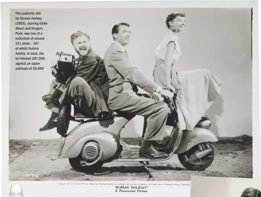  ??  ?? This publicity still for Roman Holiday (1953), starring Eddie Albert and Gregory Peck, was one of a collection of around 211 shots – 167 of which feature Audrey. In total, the lot fetched £ 87,500, against an upper estimate of £ 6,000