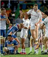  ??  ?? Tawera Kerr-Barlow celebrates after the Chiefs were forced to cling on for a 17-11 win over the Stormers.