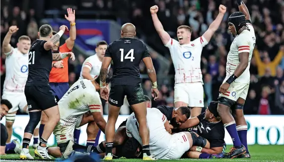  ?? Picture: David Rogers/Getty ?? England players celebrate after Will Stuart scored their third try in Saturday’s game against New Zealand at Twickenham