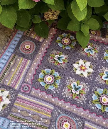  ??  ?? Jane Crowfoot’s latest CAL project is this cosily retro Bohemian Blooms Crochet Blanket.