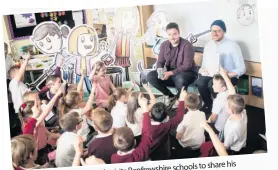  ??  ?? First class Ross frequently visits Renfrewshi­re schools to share his novel, of reading and (below) his award-winning love Evernight