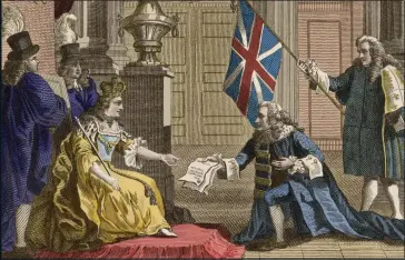  ??  ?? HISTORIC MOMENT:
The 1707 Act of Union between Scotland and England is presented to Queen Anne