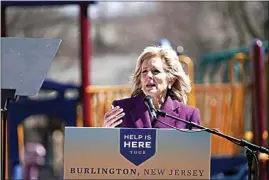  ?? ANNA MONEYMAKER / AP ?? First lady Jill Biden speaks March 15 at a playground outside of the Samuel Smith Elementary School in Burlington, N.J. Biden is scheduled to visit The Forty Acres in Delano on Wednesday.