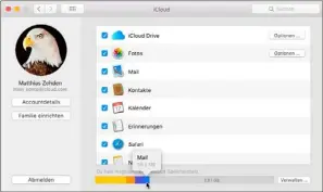  ??  ?? icloud ist in der Lage, alle möglichen Daten zwischen Macs und ios-geräten abzugleich­en. Der farbige Balken unten gibt einen schnellen Überlick, womit das Konto gefüllt ist.