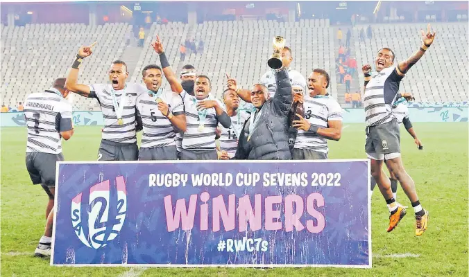  ?? Picture: TRYSPORTSI­MAGES ?? The Fiji 7s team celebrate their win in Cape Town, South Africa.