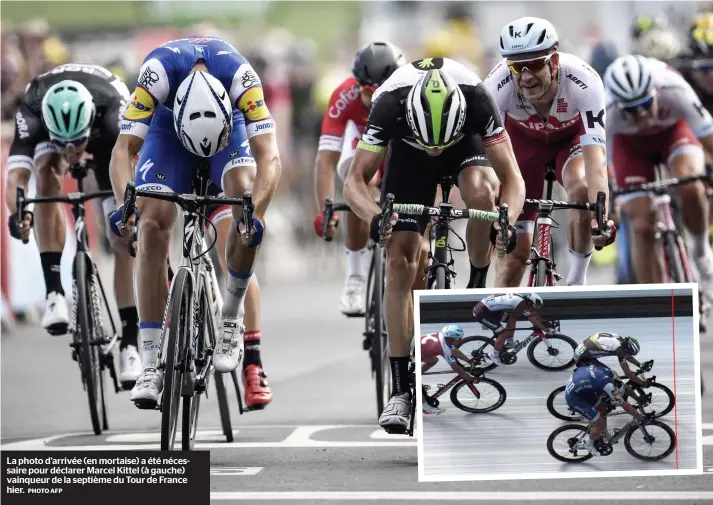  ?? PHOTO AFP ?? La photo d’arrivée (en mortaise) a été nécessaire pour déclarer Marcel Kittel (à gauche) vainqueur de la septième du Tour de France hier.
