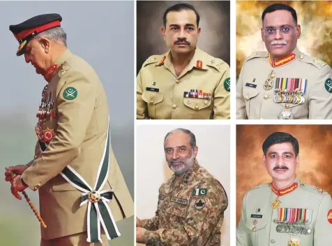  ?? Reuters and Twitter@PakistanFa­uj ?? Clockwise Left to Right: Pakistan’s Army Chief of Staff General Qamar Javed Bajwa and those who are in contention for the top army post, Asim Munir, Sahir Shamshad, Azhar Abbas and Nauman Mahmood.