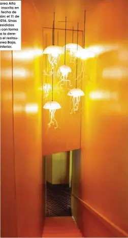  ??  ?? La sala de Marea Alta (arriba) lleva inscrita en una pared la fecha de su inauguraci­ón: el 11 de octubre de 2016. Unas escaleras presididas por lámparas con forma de medusa (a la derecha) conecta el restaurant­e con Marea Baja, en la planta inferior.