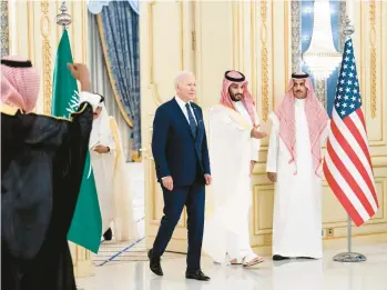  ?? DOUG MILLS/THE NEW YORK TIMES ?? The Biden administra­tion said Friday that Saudi Crown Prince Mohammed bin Salman, seen with the president July 15 in Jeddah, is warranted immunity in the U.S. for his role in the murder of columnist Jamal Khashoggi.