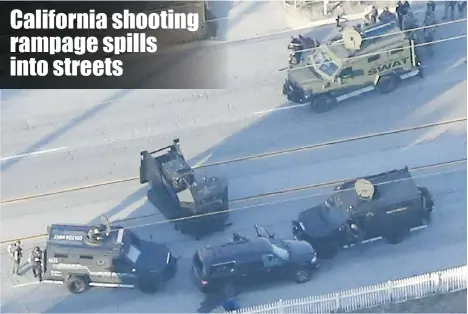  ?? MARIO ANZUONI/REUTERS ?? Police surround an SUV suspected to be the getaway vehicle from the scene of a mass shooting in San Bernardino, Calif., on Wednesday.