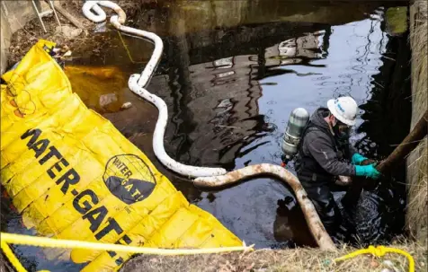  ?? Pittsburgh Post-Gazette photos ?? A worker stands in a creek along Sumner Street in downtown East Palestine, Ohio, on Sunday, two days after a fiery train derailment prompted an evacuation order in the village about 50 miles northwest of Pittsburgh.