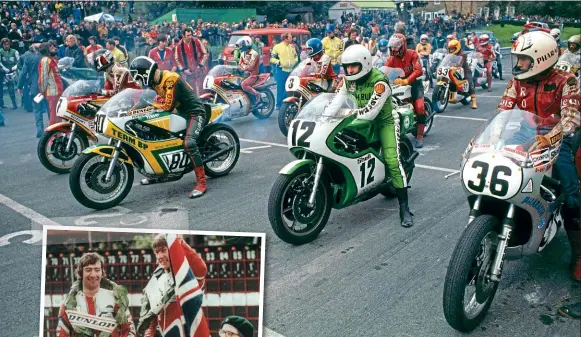  ??  ?? Above: Ron checks out the opposition which includes Barry Sheene, Steve Parrish, Barry Ditchburn, Pat Hennen and Dave Potter.
Left: Joey and Ron.