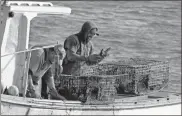  ?? AP-Robert F. Bukaty ?? A sternman, right, checks a lobster off South Portland, Maine.