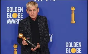  ?? (AP) ?? Ellen DeGeneres poses with the Carol Burnett Award at this year’s Golden Globe Awards. On the documentar­y series Visible: Out on Television, she talks about her career’s rise, fall and rise again after she came out as gay.