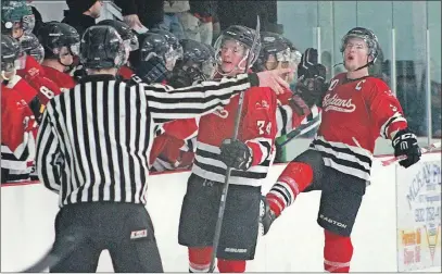  ?? AMANDA JESS/THE NEWS ?? Pictou County Scotians Jacob Pentz, left, and Brendon Duff celebrate with their teammates after Pentz scored during Sunday’s game against the Junior Miners in Trenton.